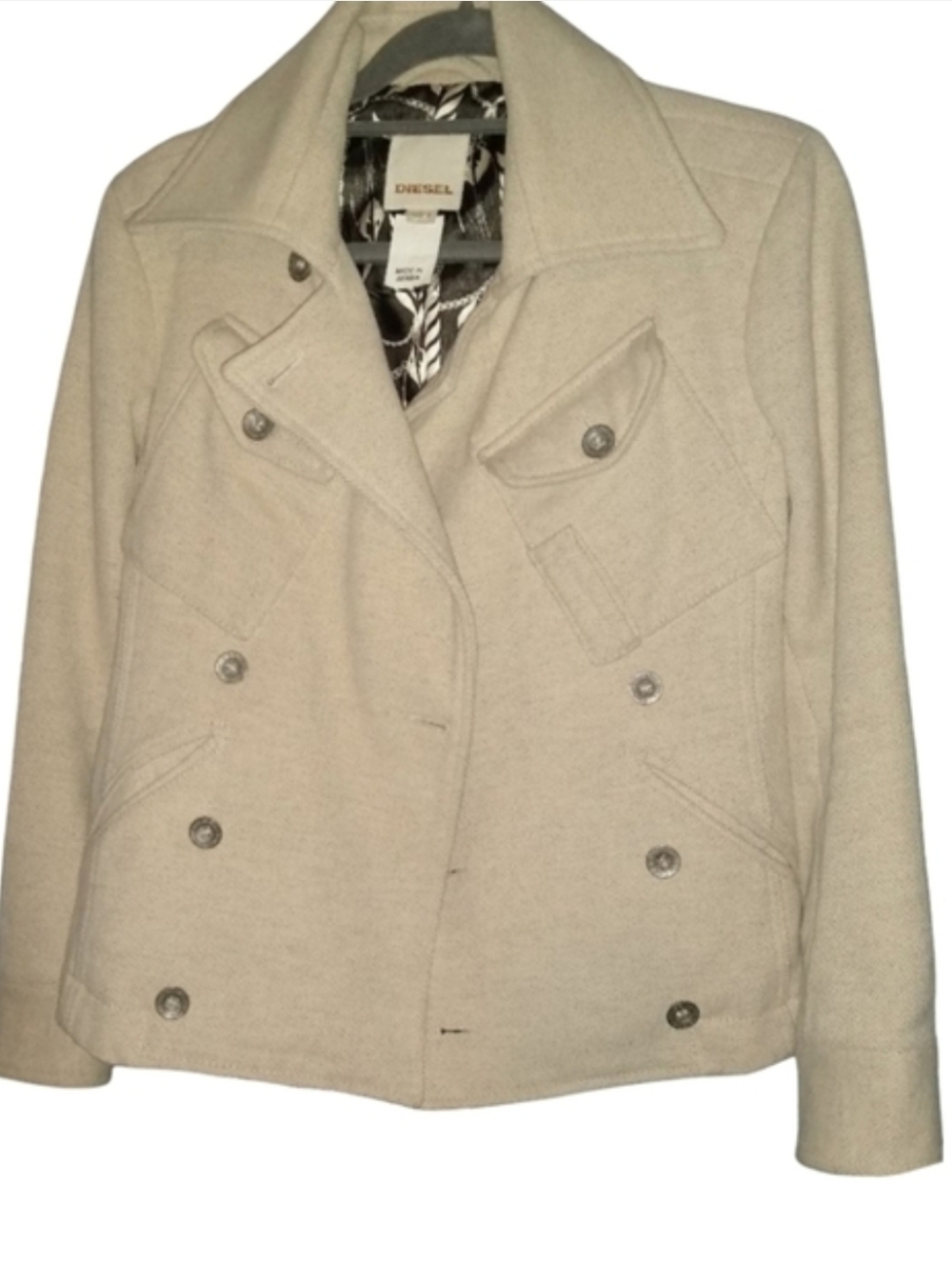 Diesel Cream Moto Style Jacket Double Breasted Beige Short Wool Coat Silky Lined